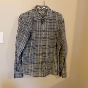 Burberry men’s plaid button down shirt.